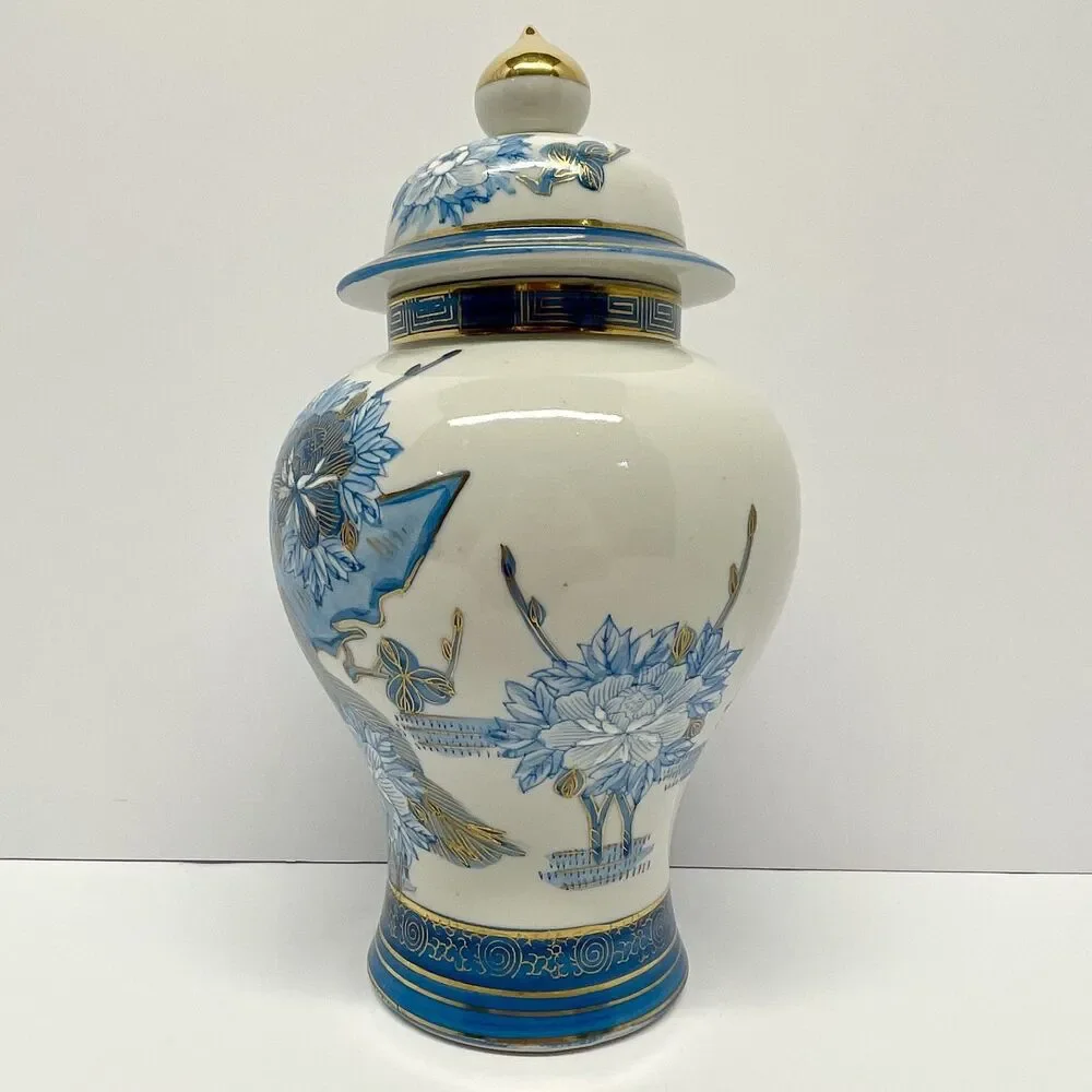 Vintage Heygill Imports Japan Peacock Ginger Jar Blue, wht & Gold Lidded-EXCL
